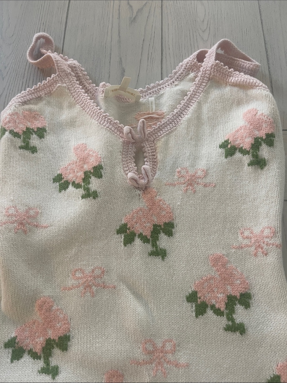 LoveShackFancy White Knit Dress with Pink Floral Bows - Picture 4 of 10